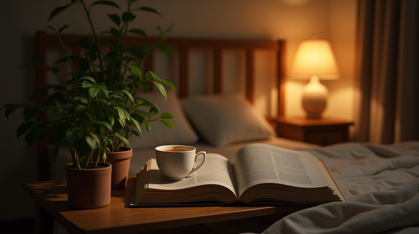 Tisane d'ashwagandha sur table de nuit dans une chambre relaxante