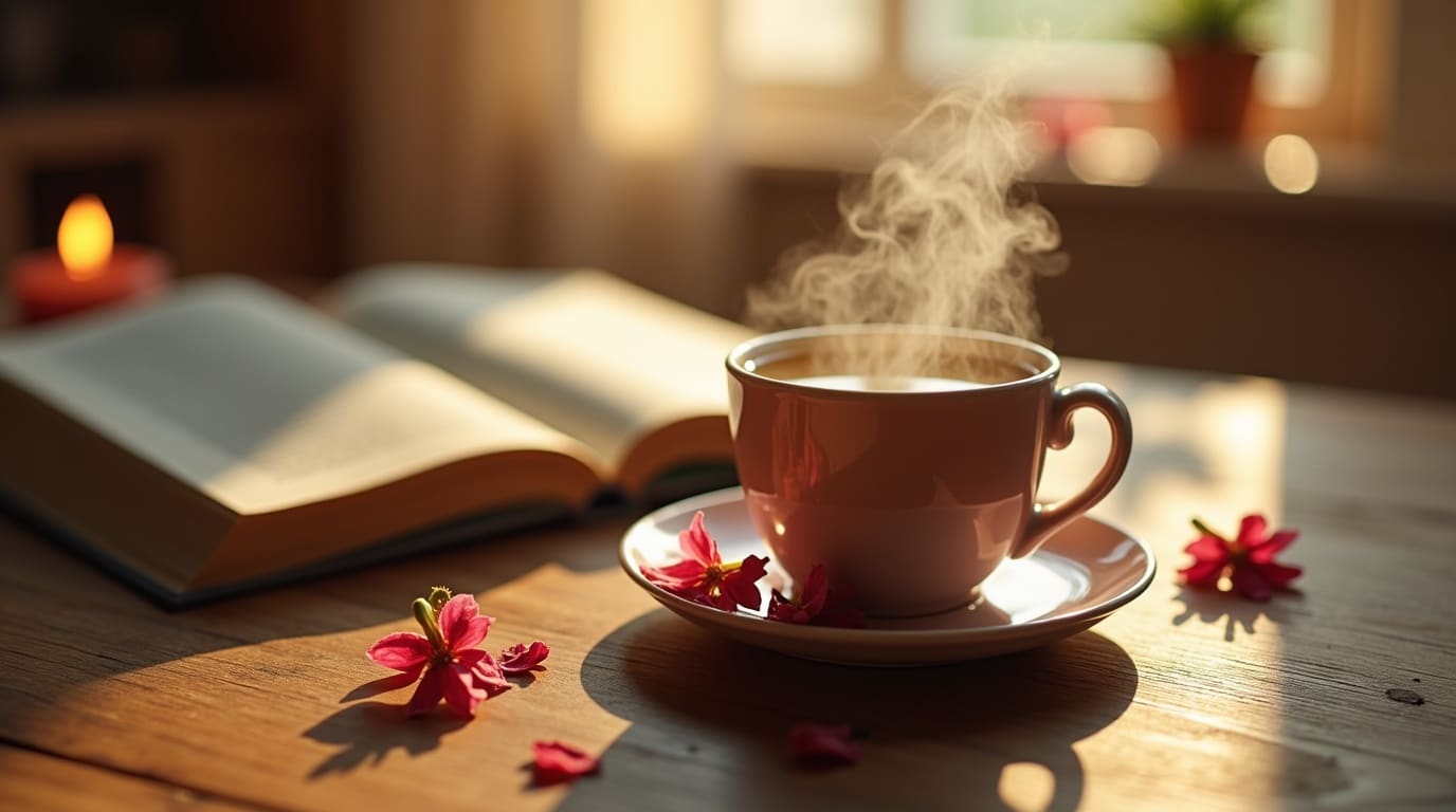 Tisane à la passiflore dans une chambre cosy pour la relaxation avant le sommeil