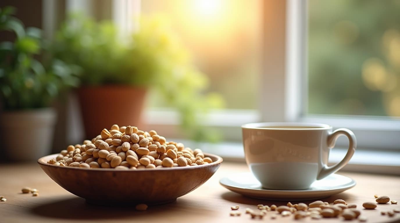 Bol de noix et graines riches en tryptophane avec tasse de lait chaud sur table en bois