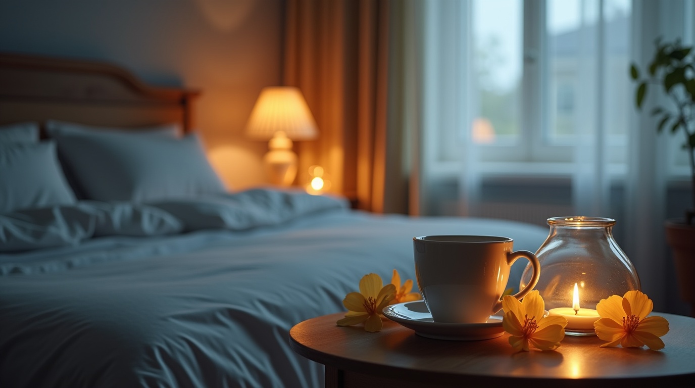 Infusion de valériane sur une table de nuit dans une chambre calme, idéale pour favoriser l'endormissement.